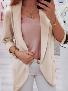 Women's cream white notched lapel long blazer coat for autumn casual daily styling