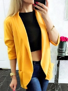 Women's bright yellow open-front blazer with shawl collar and large patch pockets