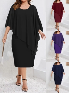 Women Plus Size Elegant Chiffon Shawl Overlay Bodycon Dress Round Neck Asymmetrical Sleeveless Midi Pencil Dress Banquet Party
