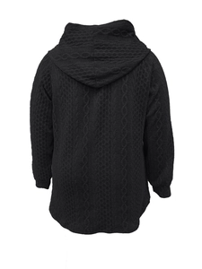 Detail view of the black textured cable knit back and hood on a relaxed fit hoodie