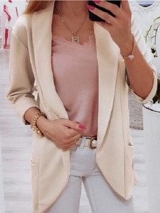 Beige open front cardigan with waterfall collar and front pockets for women