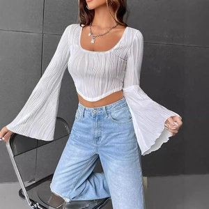 White pleated crop top with flared long sleeves and U-neck in slim fit style