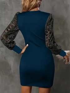 Slim fit dark blue bodycon mini dress with elegant black lace long sleeves and floral patterns