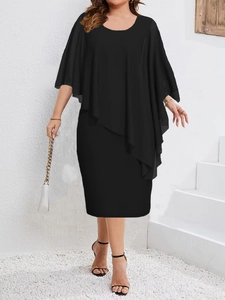 Detail of elegant black bodycon dress with sheer chiffon cape sleeve and slim fit design