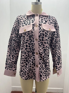Detailed texture of pink leopard print corduroy jacket with front chest pockets