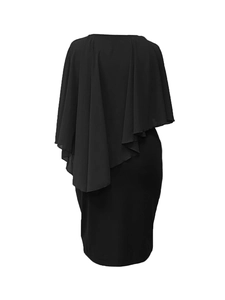 Detail of elegant black sheath dress featuring an asymmetric draped chiffon cape overlay
