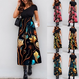 Detailed view of women's short sleeve maxi dress with V-neckline and floral print patterns