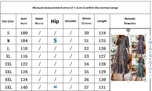 Tableau des tailles détaillé pour robe imprimée col V avec mesures de buste et manches