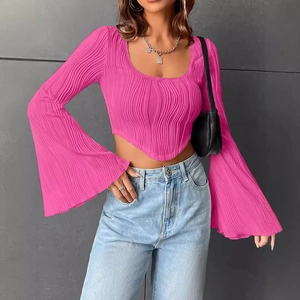 Slim fit bright pink rib-knit crop top with square neck and dramatic bell sleeves
