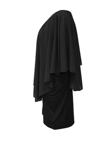 Detail view of black chiffon cape overlay dress with elegant side profile and layered fabric