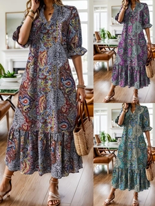 Robe Longue Bohème Paisley Col en V Femmes Vintage Manches Volantes Ourlet à Étages Ligne A Été Vacances Fête