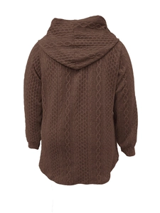 Macro detail of brown cable-knit texture and ribbed cuffs on winter hooded sweater