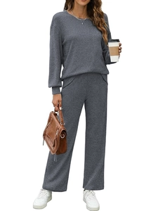Women dark grey knit loungewear set with long sleeve top and wide leg pants