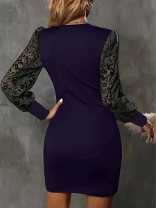 Slim fit deep plum mini dress with elegant long black floral lace sleeves for women