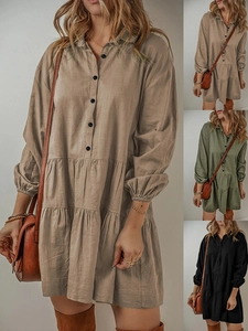 Robe Chemise Décontractée pour Femme Design à Plusieurs Niveaux Manches Longues Boutonnée Revers Couleur Unie Coupe Ample Mini Robe Mode
