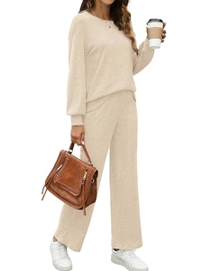 Women's apricot rib-knit lounge set with long-sleeve round neck top and wide-leg trousers