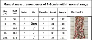 Detailed size chart for the elegant V-neck floral summer dress ranging from S to 2XL