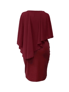 Back view of wine red sleeveless chiffon cape dress with elegant draping details