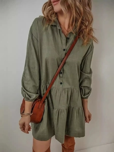 Robe longue boutonnée vert olive à manches lanternes et volants pour femmes