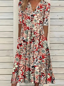 Women Elegant Floral Print V-Neck Midi Dress With Pockets Casual Half Sleeve Polyester Spandex A-Line Summer Dress