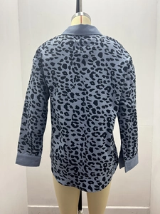 Detailed back view of a light blue leopard print jacket with ribbed cuffs and collar texture