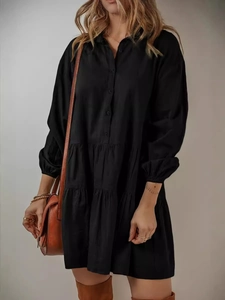 Robe chemise noire à manches longues pour femme avec volants et coupe ample