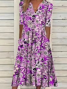 Elegant purple floral print V-neck midi dress with mid-sleeves and side pockets