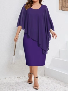 Elegant dark purple sleeveless dress with a layered chiffon shawl in a slim fit silhouette