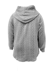 Detailed back view of dark grey hoodie featuring intricate 3D cable knit and diamond textures