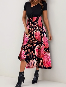 Detailed view of the elegant V-neck patchwork dress with vibrant floral printed A-line skirt