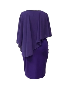 Elegant deep purple sleeveless bodycon dress with an asymmetrical chiffon cape overlay