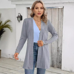 Women's casual long sleeve open front cardigan with grey textured ripple fabric finish