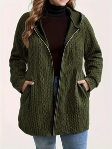 Women's dark green cable knit zip-up hoodie with casual loose fit and side pockets