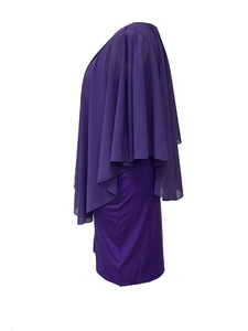 Detail view of the draped chiffon cape and bodycon silhouette of a purple sleeveless dress