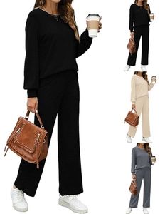 Women Casual Waffle Knit Two Piece Set Round Neck Long Sleeve Top And Wide Leg Pants Loungewear Solid Color Tracksuit