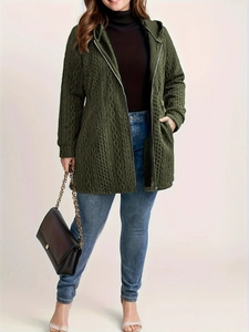 Detail of army green hooded jacket with textured wave pattern and functional pockets