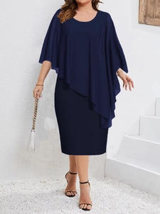 Elegant navy blue sleeveless chiffon cape midi sheath dress for formal occasions