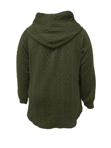 Macro detail of the dark green textured fabric and large hood on this casual hoodie