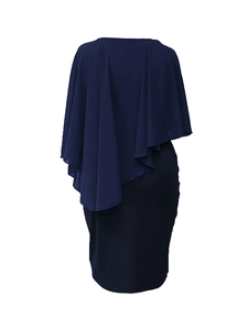 Detail view of the back of a navy blue bodycon dress with an elegant chiffon capelet layer