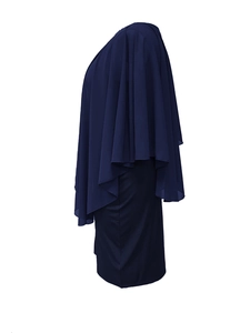 Detail view of navy blue chiffon shawl dress with elegant draped layers and slim fit silhouette