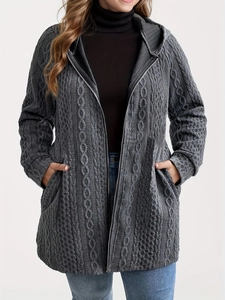 Women's dark grey cable knit hooded cardigan with zipper and pockets in a relaxed fit