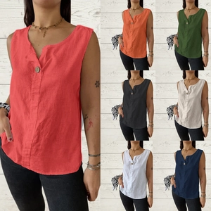 Detailed grid view showcasing V-neck sleeveless linen tops in seven various colors