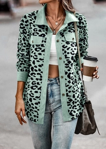 Detail of leopard print corduroy jacket with amber buttons and chest pockets for women