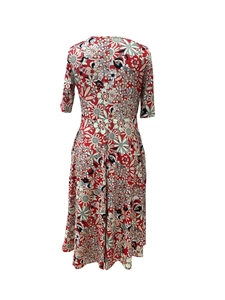 Detail view of the colorful vintage floral print on the back of this V-neck dress