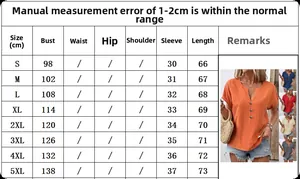 Size guide table for women's V-neck short sleeve button top ranging from S to 5XL