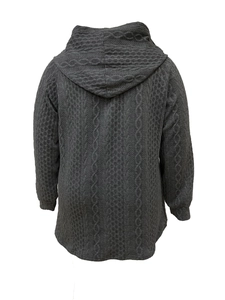 Detailed back view of grey hooded cardigan with waffle and cable knit patterns
