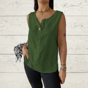 Detailed view of dark green V-neck cotton linen top with a single decorative button