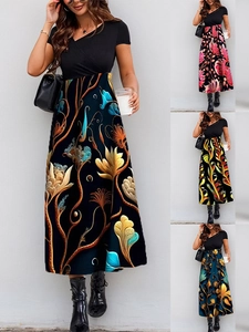 Elegant Women V Neck Patchwork Print Midi Dress Short Sleeve High Waist A-Line Floral Maxi Dress For Vacation Party Casual Wear