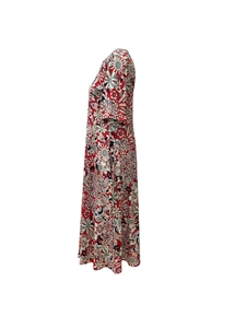 Elegant floral print V-neck midi dress with vintage patterns and a cinched waistline