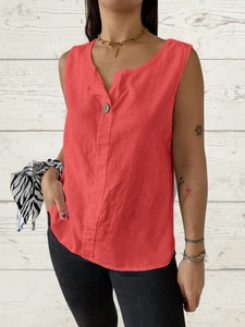 Women Casual V Neck Sleeveless Shirt Summer Loose Button Blouse Cotton Linen Feel Tank Top Solid Color Streetwear Vest